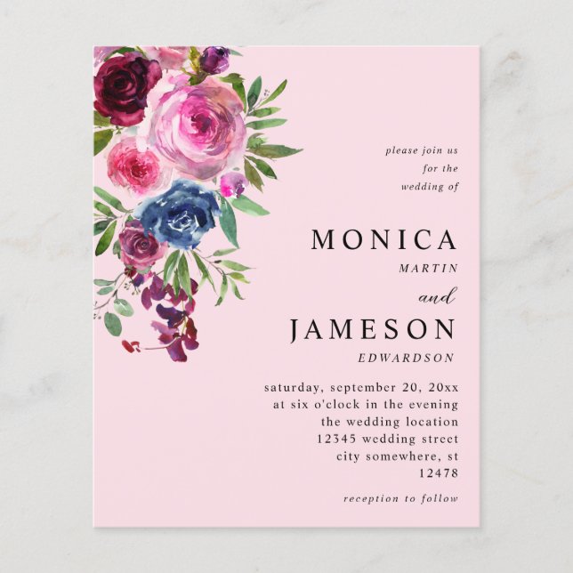 Budget Shock rosa & Navy Blue Blommigt Bröllop 3 R Flygblad (Framsidan)