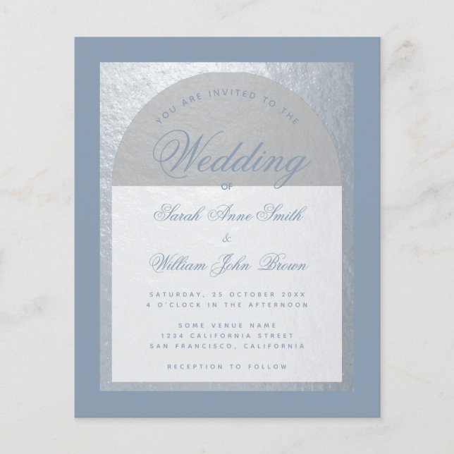 Budget Silver Arch Dusty Blue Wedding bjudande (Framsida)