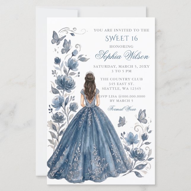 Budget Silver Blå Blommig Prinsessa Sweet 16 (Framsida)