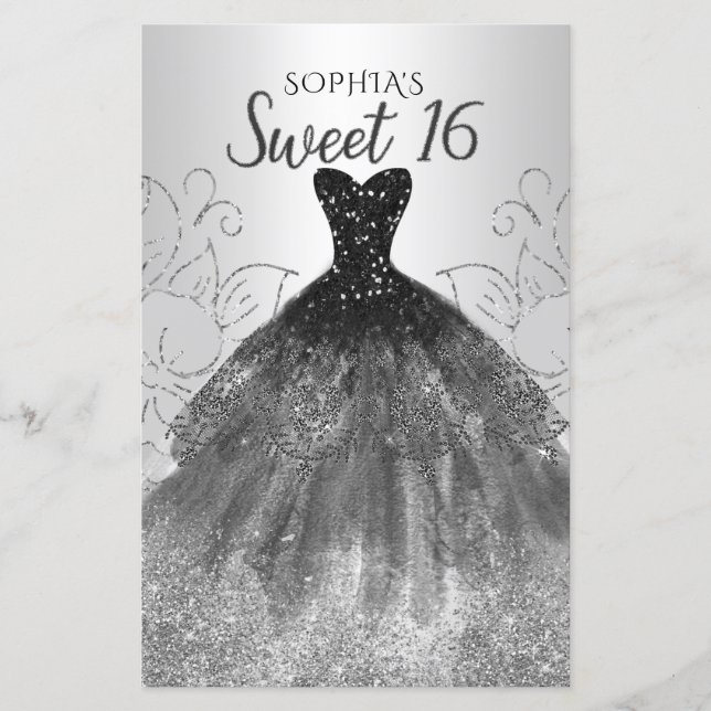 Budget Silver Black Dress Sweet 16-inbjudan (Framsida)