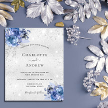 Budget silver Blue blommigts bröllopsinbjudan