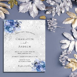 Budget silver Blue blommigts bröllopsinbjudan
