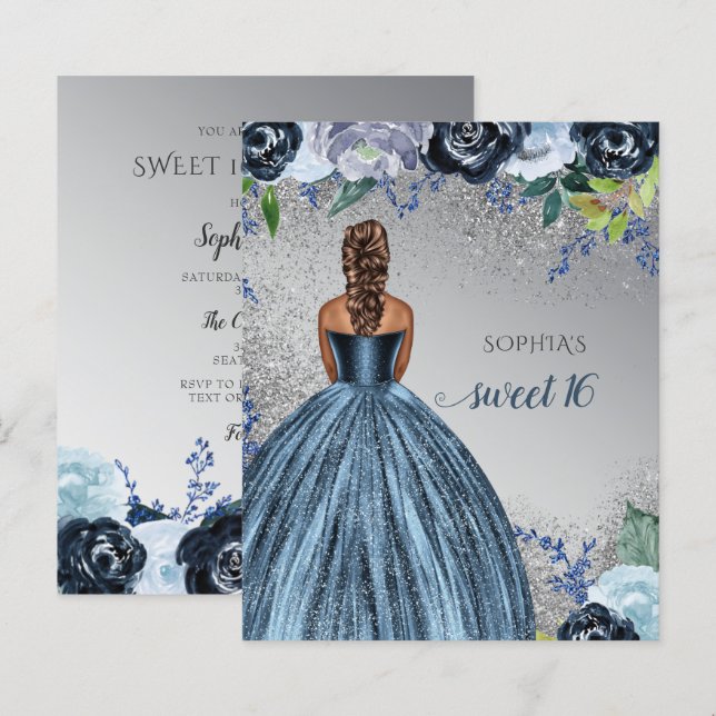 Budget Silver Blue Dress Sweet 16 födelsedag (Fram/baksida)