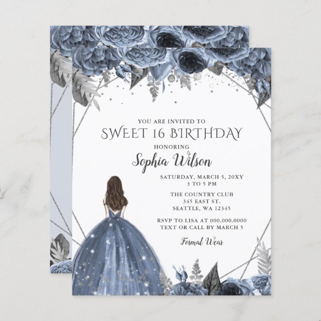 Budget Silver Dusty Blue Dress Sweet 16 inbjudan (Fram/baksida)
