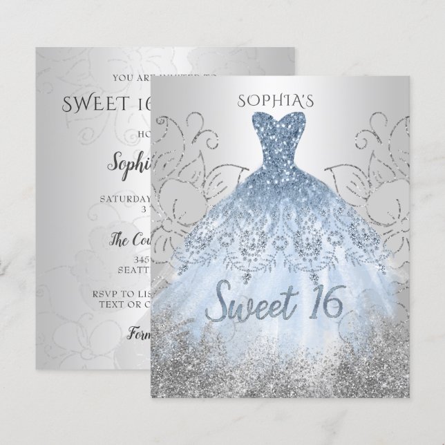 Budget Silver Dusty Blue Klänning Sweet 16 Inbjuda (Fram/baksida)