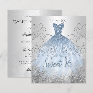 Budget Silver Dusty Blue Klänning Sweet 16 Inbjuda