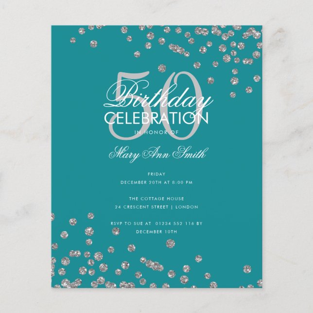 Budget Silver Glitter Confetti Teal Flygblad (Framsidan)