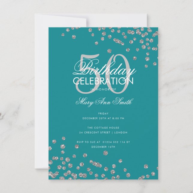 Budget Silver Glitter Confetti Teal Inbjudningar (Framsida)