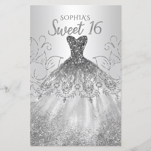 Budget Silver Glitter Dress Sweet 16-inbjudan (Framsida)