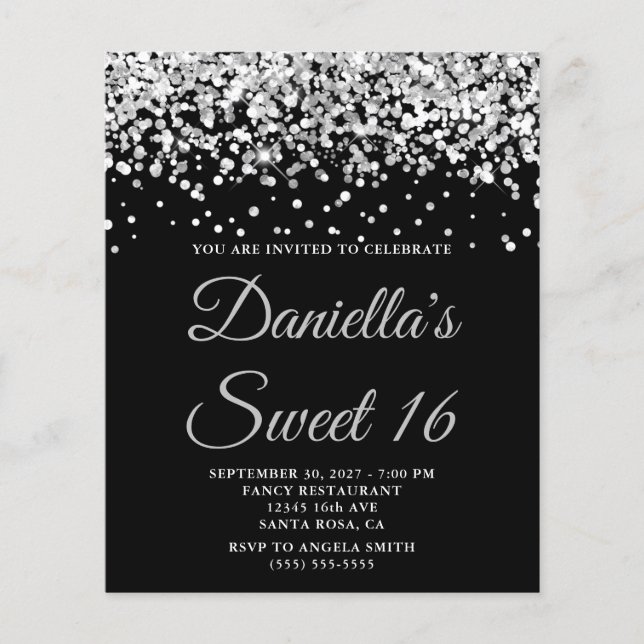 Budget Silver Glitter Svart Sweet 16 Inbjudan (Framsida)
