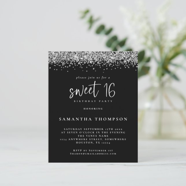 Budget Silver Glitter Sweet 16 Black Call (Stående Fram)