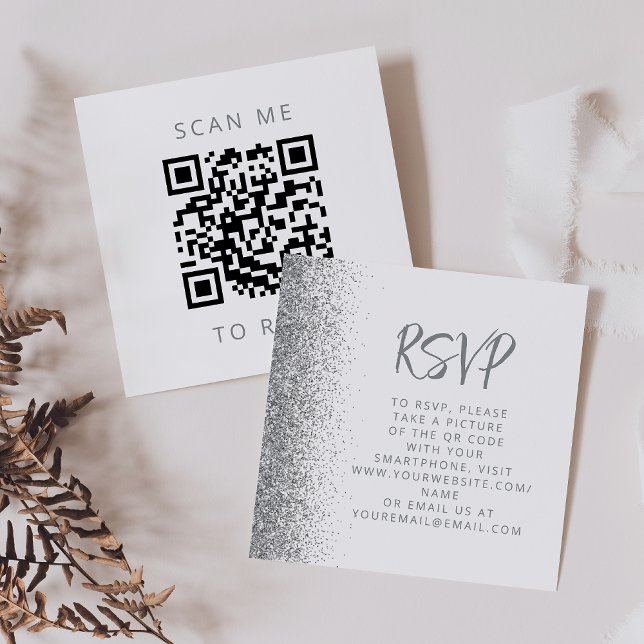Budget Silver Glitter Vit Bröllops QR-kod RSVP Tilläggskort (Skapare uppladdad)