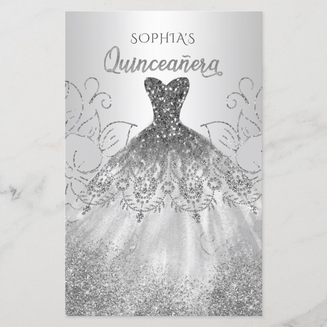 Budget Silver Gnistra Dress Quinceañera-inbjudan (Framsida)