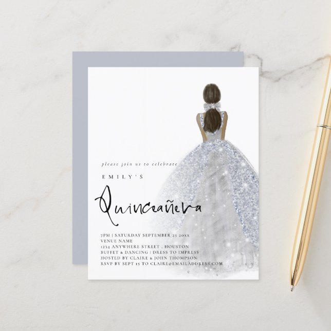 Budget Silver Gown Mörk Hair QR Quinceañera (Fram/Back In Situ)