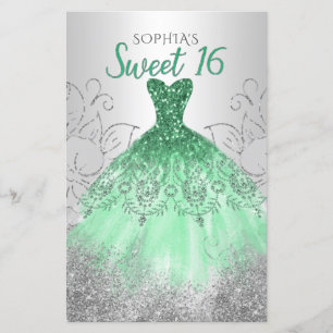 Budget Silver Grön Klänning Sweet 16 Inbjudan
