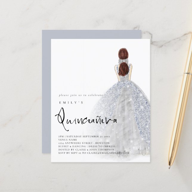 Budget Silver Klänning Brunett Hår QR Quinceañera (Fram/Back In Situ)