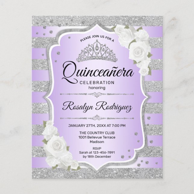 Budget Silver Lila Quinceanera-inbjudan Flygblad (Framsidan)