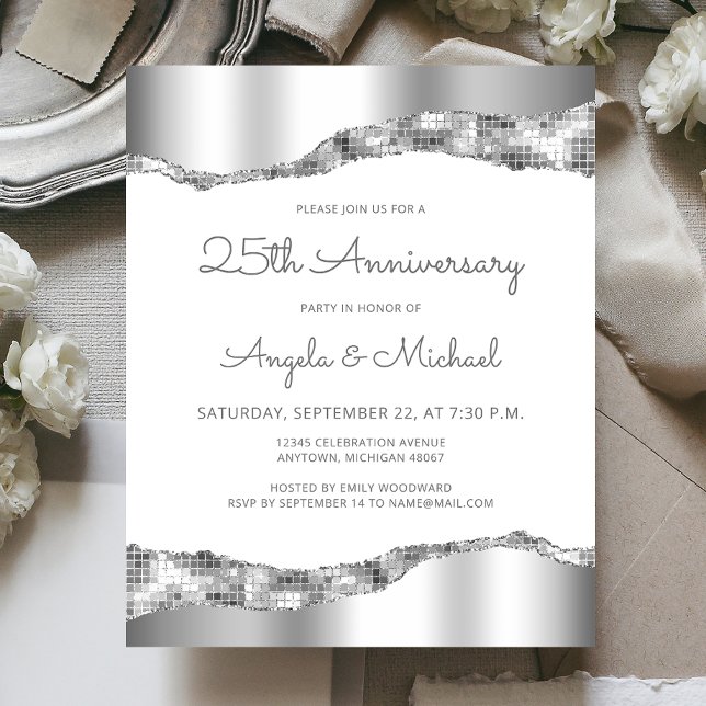 Budget Silver Mirror Foil 25th Anniversary Invite (Skapare uppladdad)