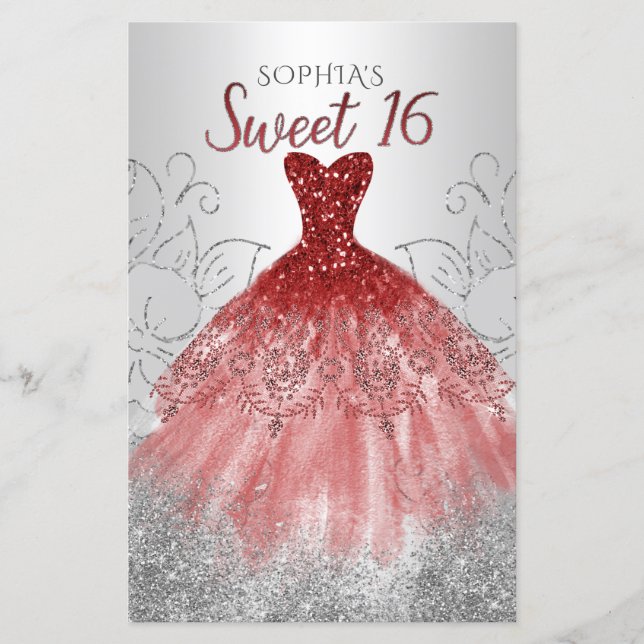 Budget Silver Red Dress Sweet 16-inbjudan (Framsida)