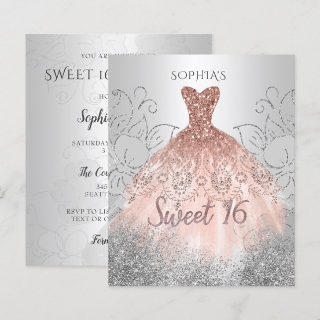 Budget Silver Ro Guld Dress Sweet 16 inbjudan (Fram/baksida)