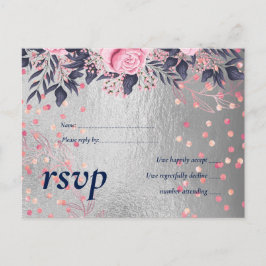 BUDGET Silver Rosegold Navy Rosa Metallic Bröllop Inbjudan Vykort
