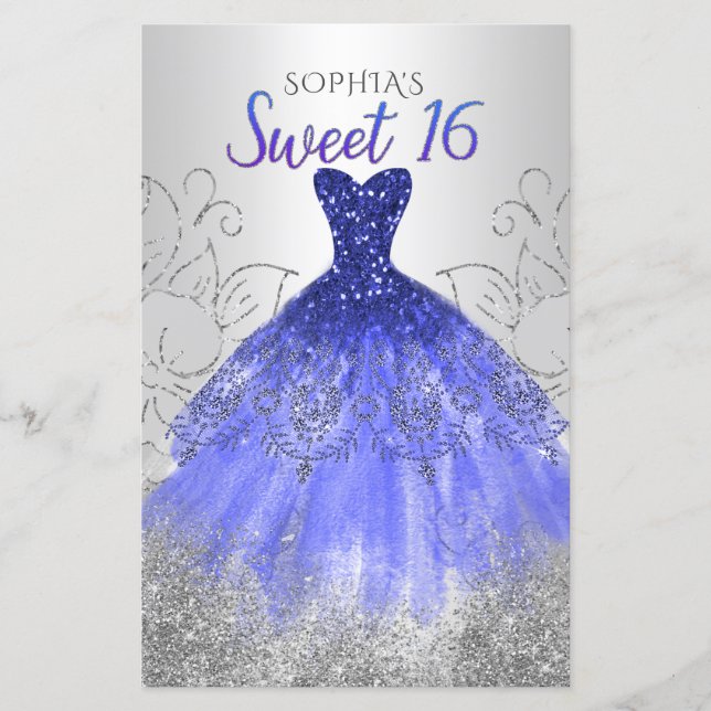 Budget Silver Royal Blue Dress Sweet 16-inbjudan (Framsida)