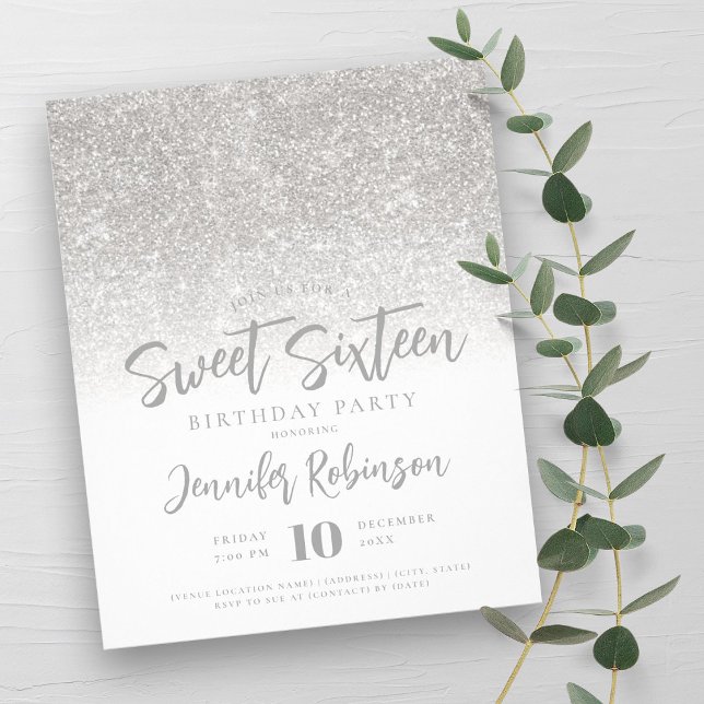 Budget Silver White Glitter Sweet 16 Inbjudan Flygblad (Budget Silver White Glitter Sweet 16 Invite Flyer)