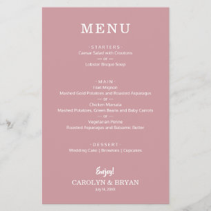 Budget Simple Dusty Ro Bröllop Menu Flygblad