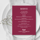 Budget Simple Elegant Cranberry Bröllop Menu<br><div class="desc">Ett litet, prisvärt pappert menykort för kranbärsmiddagar med dina matval i chic-vita bokstäver är perfekt för en modern bröllopsdag, bröllop-repetitionsmiddag, årsdag party eller speciella evenemang med en sittplatsmiddag. *Mått 4, 5 x 5, 6 tum (eller välj mellan 2 andra storlekar) tryckt på 110 lb papper vikt. Kuvert är tillgängliga till...</div>