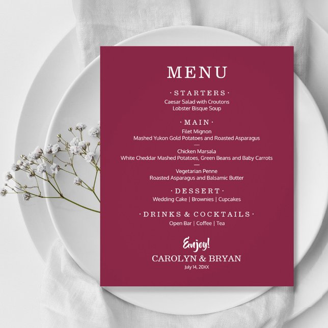 Budget Simple Elegant Cranberry Bröllop Menu (Skapare uppladdad)