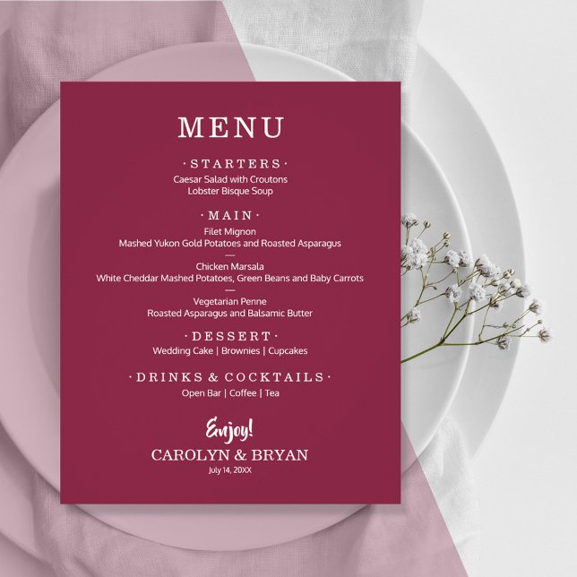 Budget Simple Elegant Cranberry Bröllop Menu Flygblad (Skapare uppladdad)