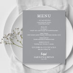 Budget Simple Elegant Grått Bröllop Menu<br><div class="desc">Ett prisvärt, pappert grått-menykort med dina matval i chic, vitt brev är perfekt för ett modernt bröllopsmöte, bröllop-repetitionsmiddag, årsdag party eller speciella evenemang med en sittplatsmiddag. *Mått 4, 5 x 5, 6 tum (eller välj mellan 2 andra storlekar) tryckt på 110 lb papper vikt. Kuvert är tillgängliga till en extra...</div>