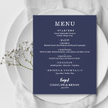 Budget Simple Elegant Sapphire Blue Bröllop Menu<br><div class="desc">Ett litet prisvärt pappert sapphire-blått-menykort med dina matval i chic-vita bokstäver är perfekt för en modern bröllopsdag, bröllop-repetitionsmiddag, årsdag party eller speciella evenemang med en sittande middag. *Mått 4, 5 x 5, 6 tum (eller välj mellan 2 andra storlekar) tryckt på 110 lb papper vikt. Kuvert är tillgängliga till en...</div>