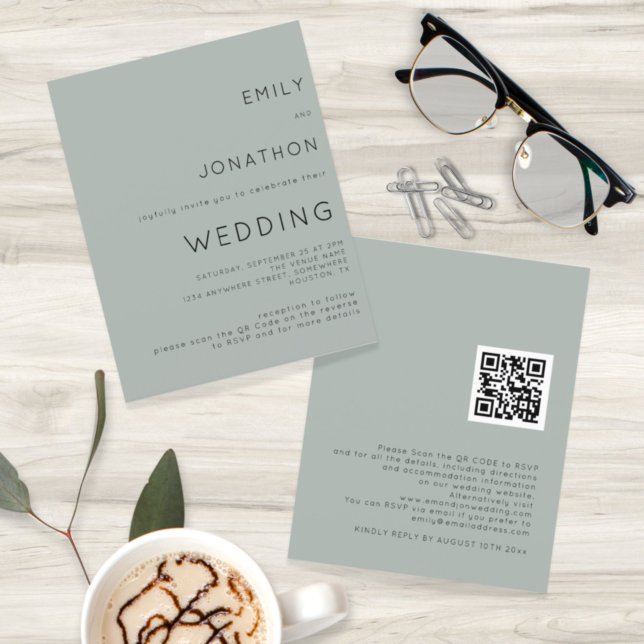 Budget Simple Light Sage QR Code Wedding bjudande (Skapare uppladdad)