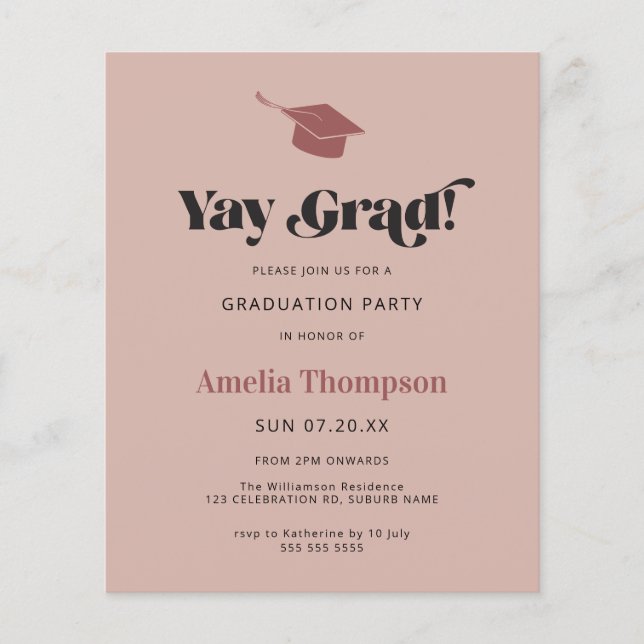 Budget Simple Modern Rosa Grad Cap Party Inbjudan (Framsida)