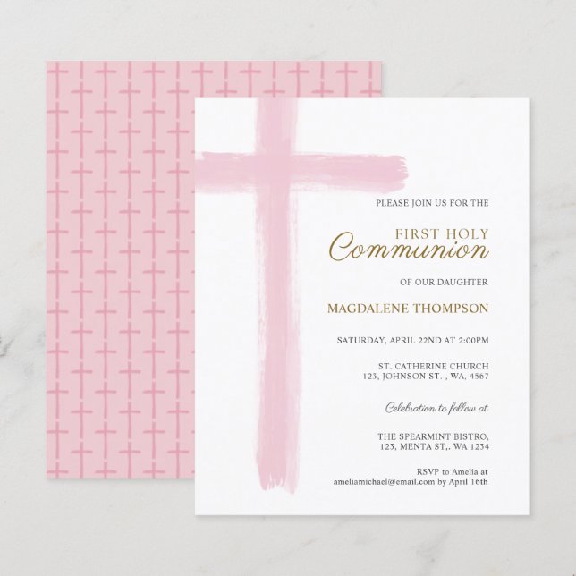 Budget Simple Pink Cross Girl First Holy Communion (Fram/baksida)