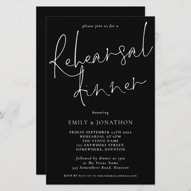 Budget Simple Rehearsal Dinner Script Black inbjud (Fram/baksida)