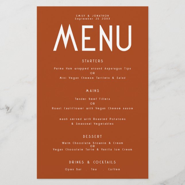 Budget Simple Text Terracotta Bröllop Menu (Framsida)