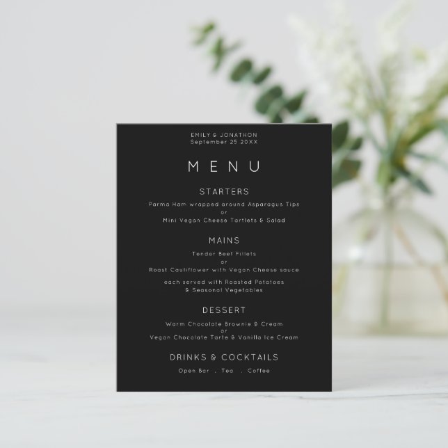 Budget Simple Text White Black Bröllop Menu (Stående Fram)