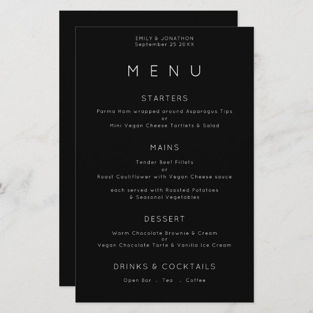 Budget Simple Typography White Black Bröllop Menu (Fram/baksida)