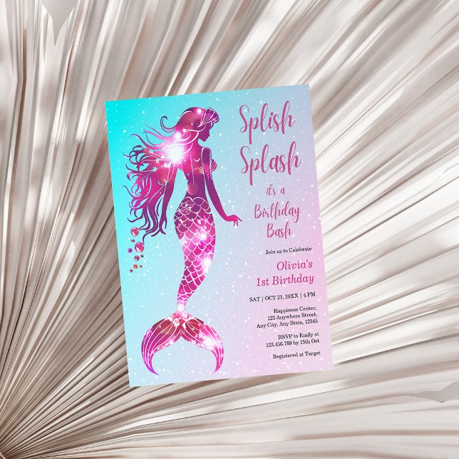 Budget Sjöjungfru Flicka 1:a födelsedagsinbjudan (Splish Splash Mermaid Baby Girl 1st Birthday Invitation )