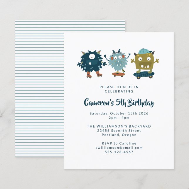 Budget Skateboard Monsters 5:e födelsedagsinbjudan (Fram/baksida)