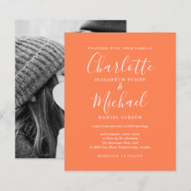 Budget skript foto korall bröllopsinbjudan