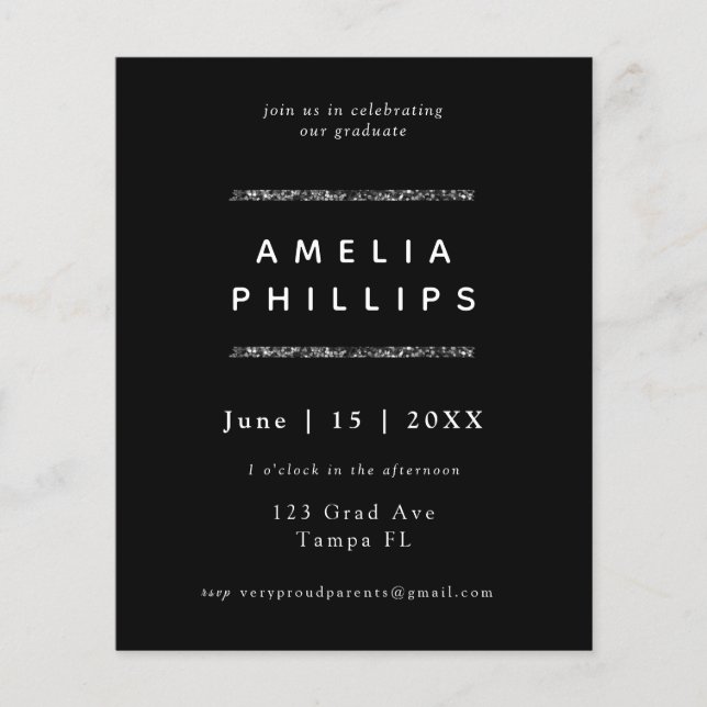 Budget Sliver Glitter Trendig Inbjudan till Examen (Framsida)