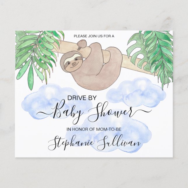Budget Sloth Drive By Pojke Baby Shower Inbjudan (Framsida)