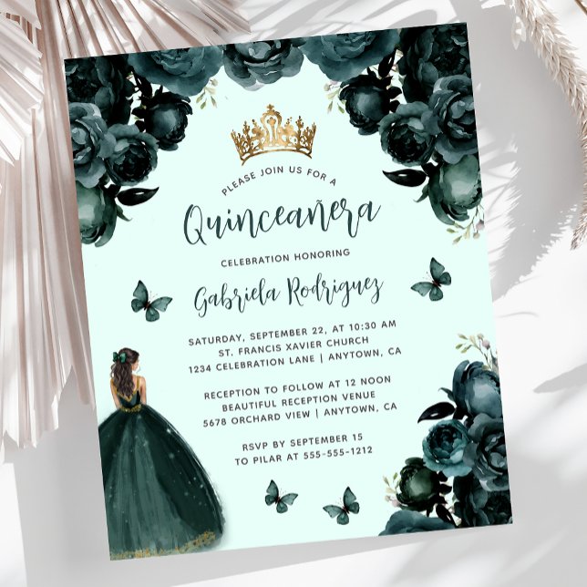 Budget Smaragdgrön Blommig Quinceañera Inbjudan (Skapare uppladdad)