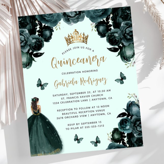 Budget Smaragdgrön Guld Blommig Quinceañera (Skapare uppladdad)