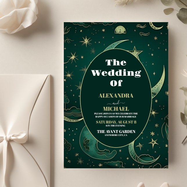 Budget Smaragdgrön Guld Celestial Bröllop Reklamblad (Skapare uppladdad)