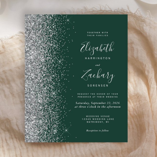 Budget Smaragdgrön Silverglitter Bröllopsinbjudan (Skapare uppladdad)
