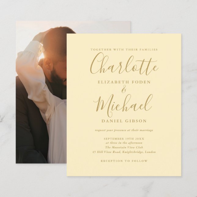 Budget Smörblomma Gul Bröllopsinbjudan Med Foto (Fram/baksida)